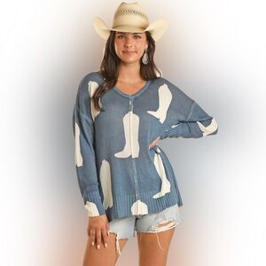 Stylish Blue and Cream V-Neck Sweater